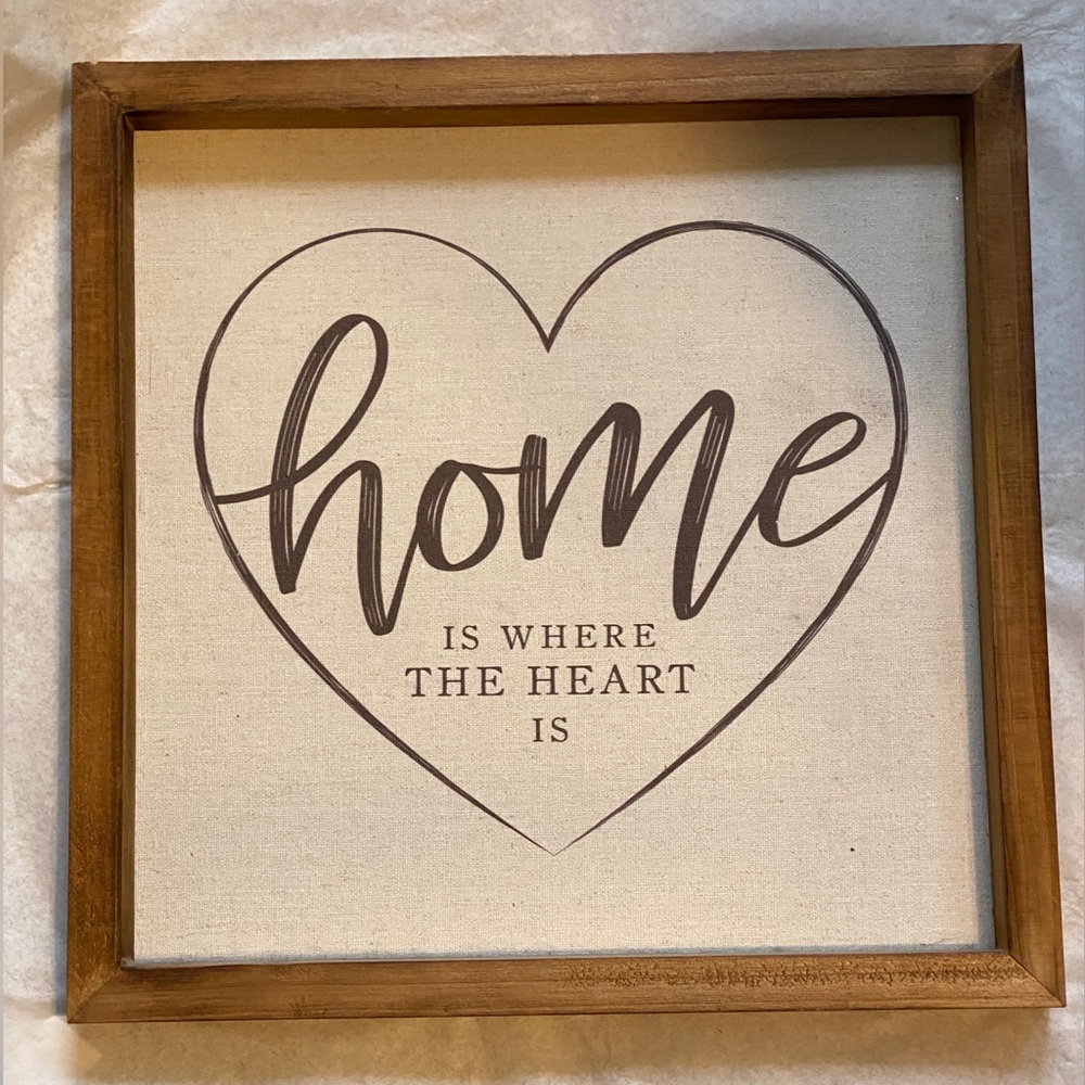 HOME IS WHERE THE HEART IS home decor sign. Wood/cream colors. 12”W x 12”H x 1”D